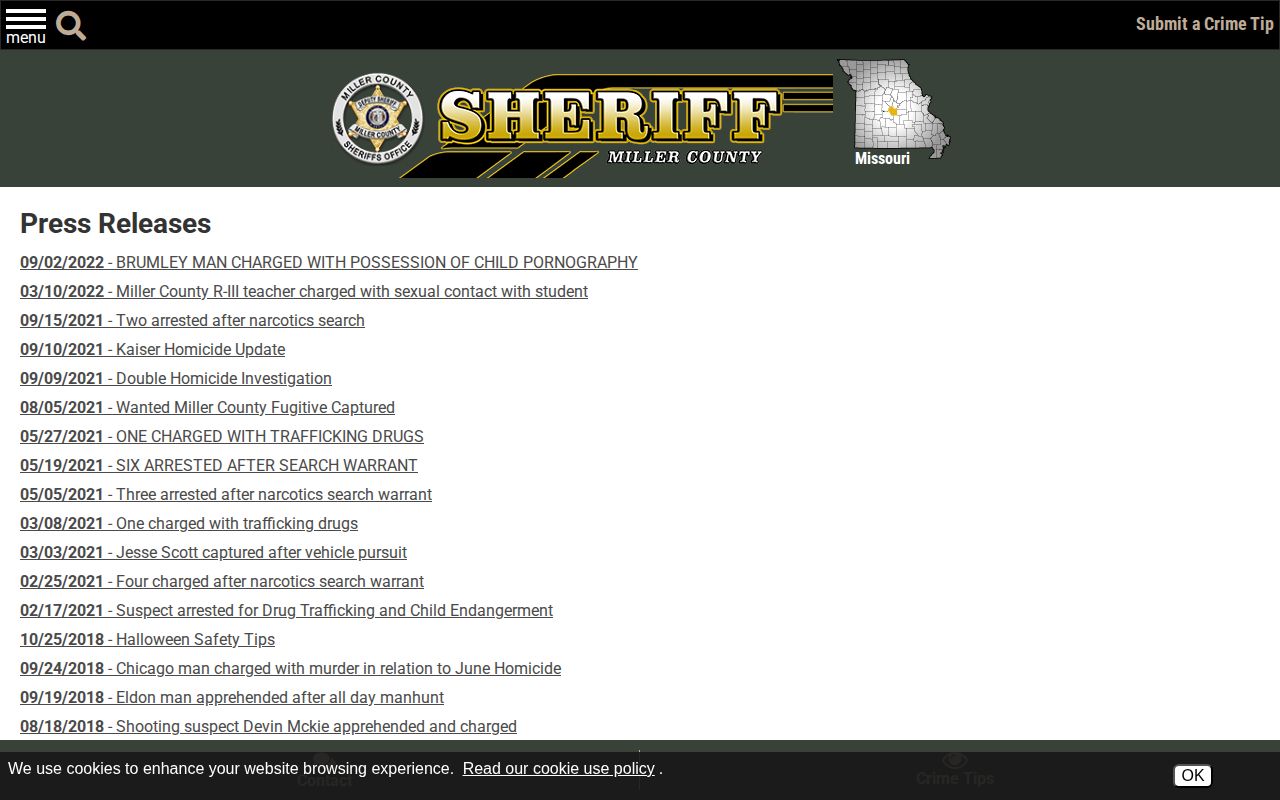 Miller County Sheriff crime news press release archive