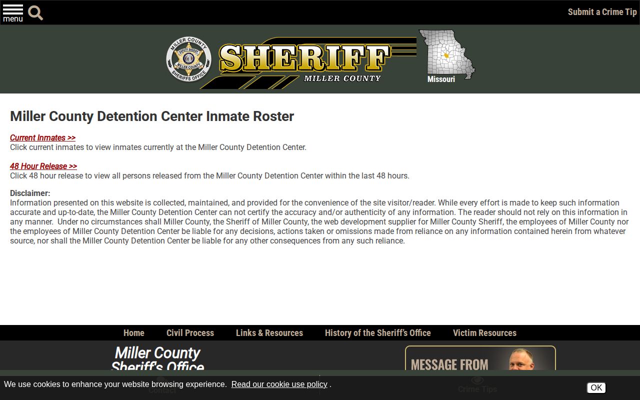 Miller County Detention Center roster chooser for current and released booking records